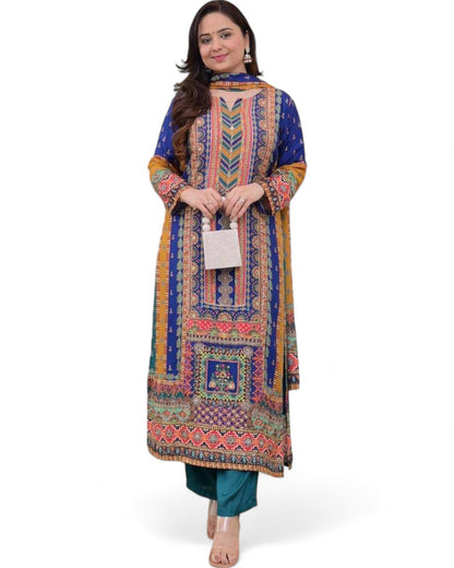 Masleen Sequin Printed Kurti Set with Silk Pant and Embroidered Dupatta