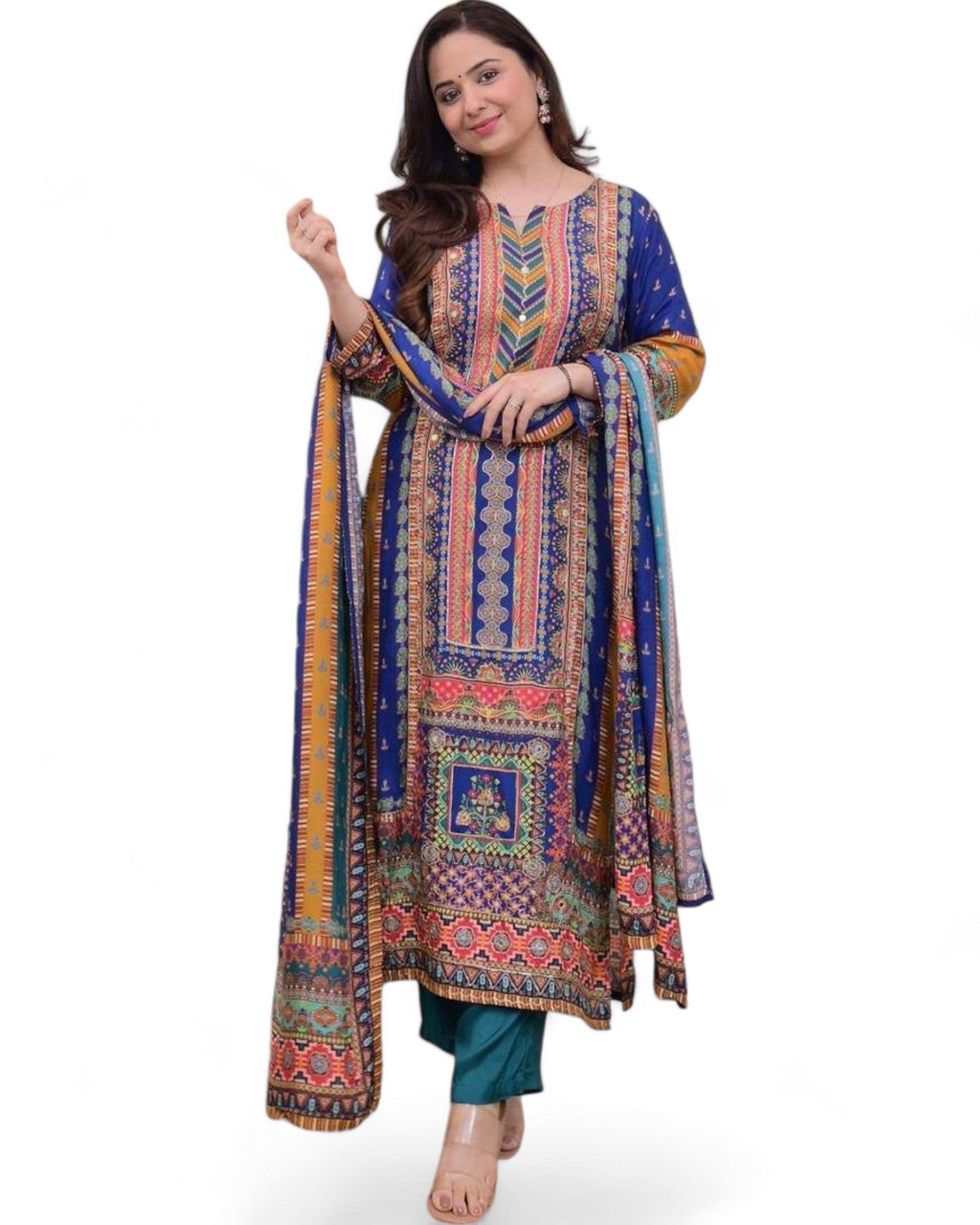 Masleen Sequin Printed Kurti Set with Silk Pant and Embroidered Dupatta