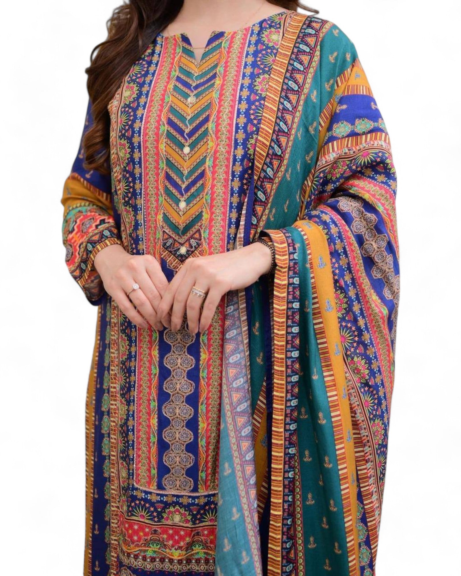 Masleen Sequin Printed Kurti Set with Silk Pant and Embroidered Dupatta