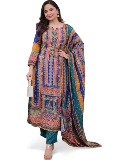 Masleen Sequin Printed Kurti Set with Silk Pant and Embroidered Dupatta