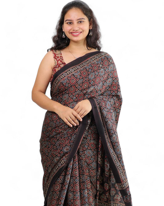 Multicolor Ajrakh Print Muslin Rich Pallu Saree with Contrast Blouse Multicolor Free Size A