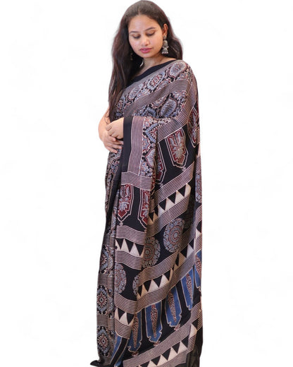 Multicolor Ajrakh Print Soft Muslin Rich Pallu Saree with Contrast Blouse Multicolor Free Size F