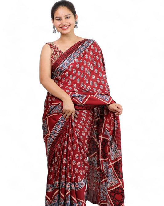 Multicolor Ajrakh Print Soft Muslin Rich Pallu Saree with Contrast Blouse Multicolor Free Size A