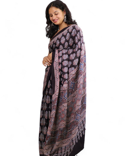 Multicolor Ajrakh Print Soft Muslin Rich Pallu Saree with Contrast Blouse