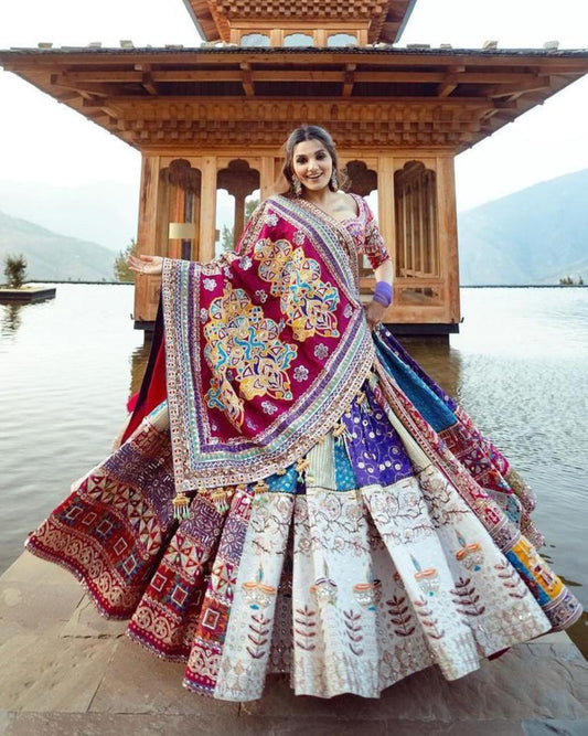 Multicolor cotton mirror work gujarati navratri lehenga chaniya choli