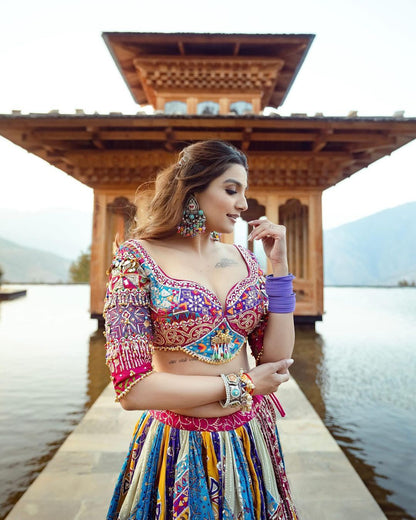 Multicolor cotton mirror work gujarati navratri lehenga chaniya choli