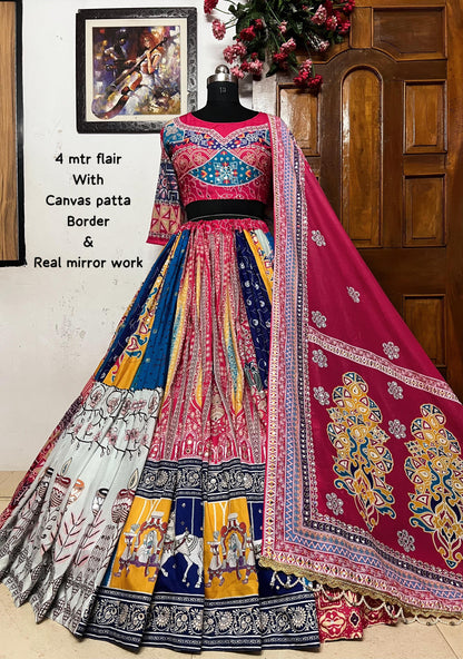 Multicolor cotton mirror work gujarati navratri lehenga chaniya choli