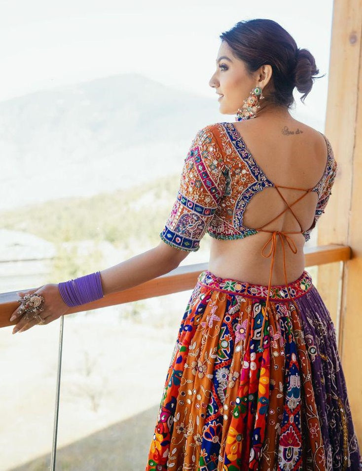 Multicolor cotton mirror work navratri gujarati garba lehenga chaniya choli