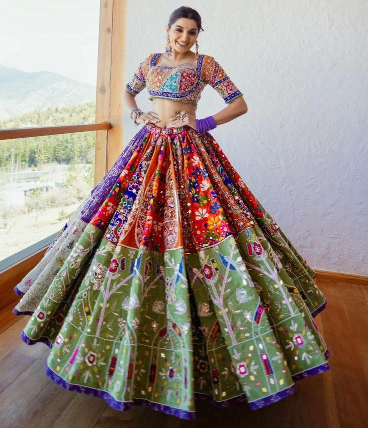 Multicolor cotton mirror work navratri gujarati garba lehenga chaniya choli