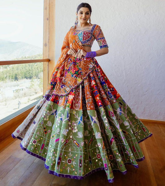 Multicolor cotton mirror work navratri gujarati garba lehenga chaniya choli