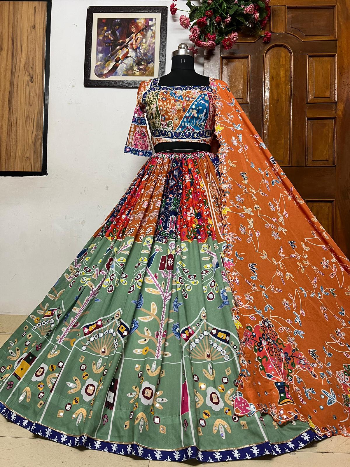 Multicolor cotton mirror work navratri gujarati garba lehenga chaniya choli