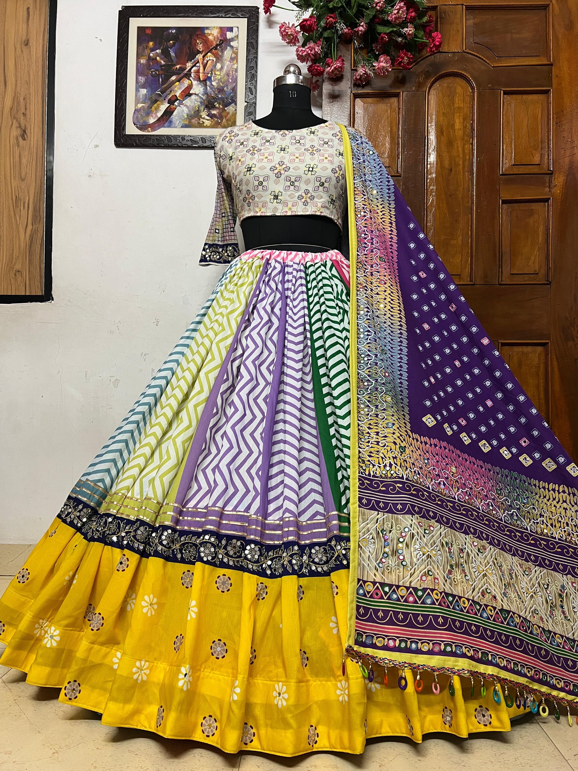 Multicolor cotton mirrorwork gujarati garba navratri lehenga chaniya choli