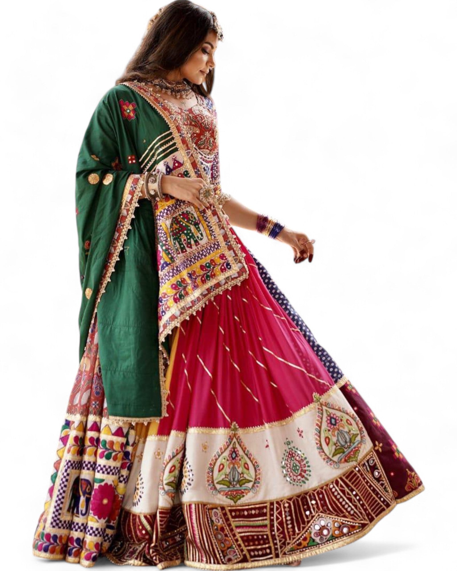 Multicolor cotton print mirror work gujarati garba navratri lehenga choli