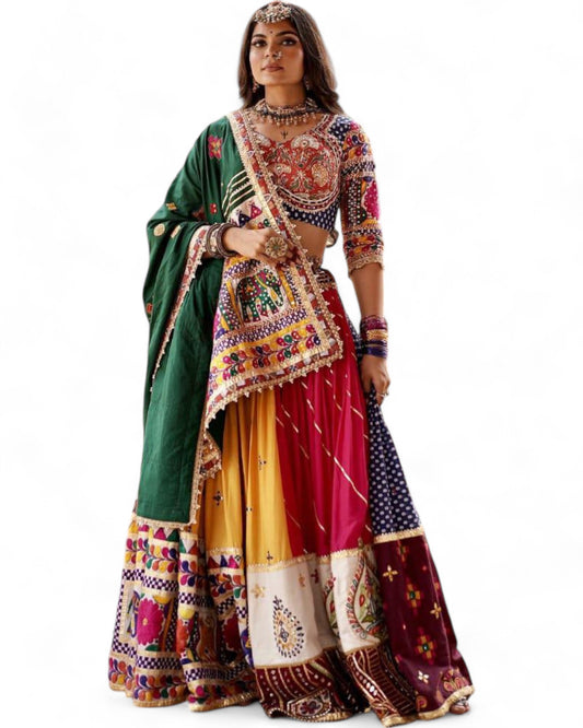 Multicolor cotton print mirror work gujarati garba navratri lehenga choli