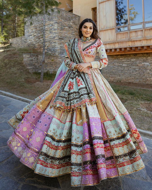 Multicolor cotton print mirror work gujarati navratri lehenga chaniya choli