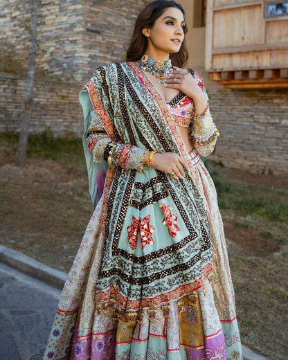 Multicolor cotton print mirror work gujarati navratri lehenga chaniya choli