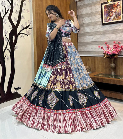 Multicolor cotton print mirror work navratri lehenga chaniya choli
