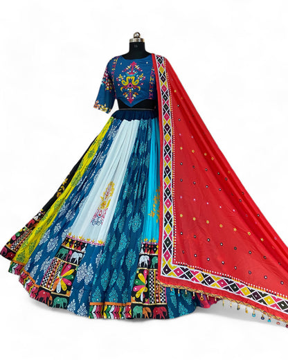 Multicolor cotton print mirror work navratri lehenga chaniya choli