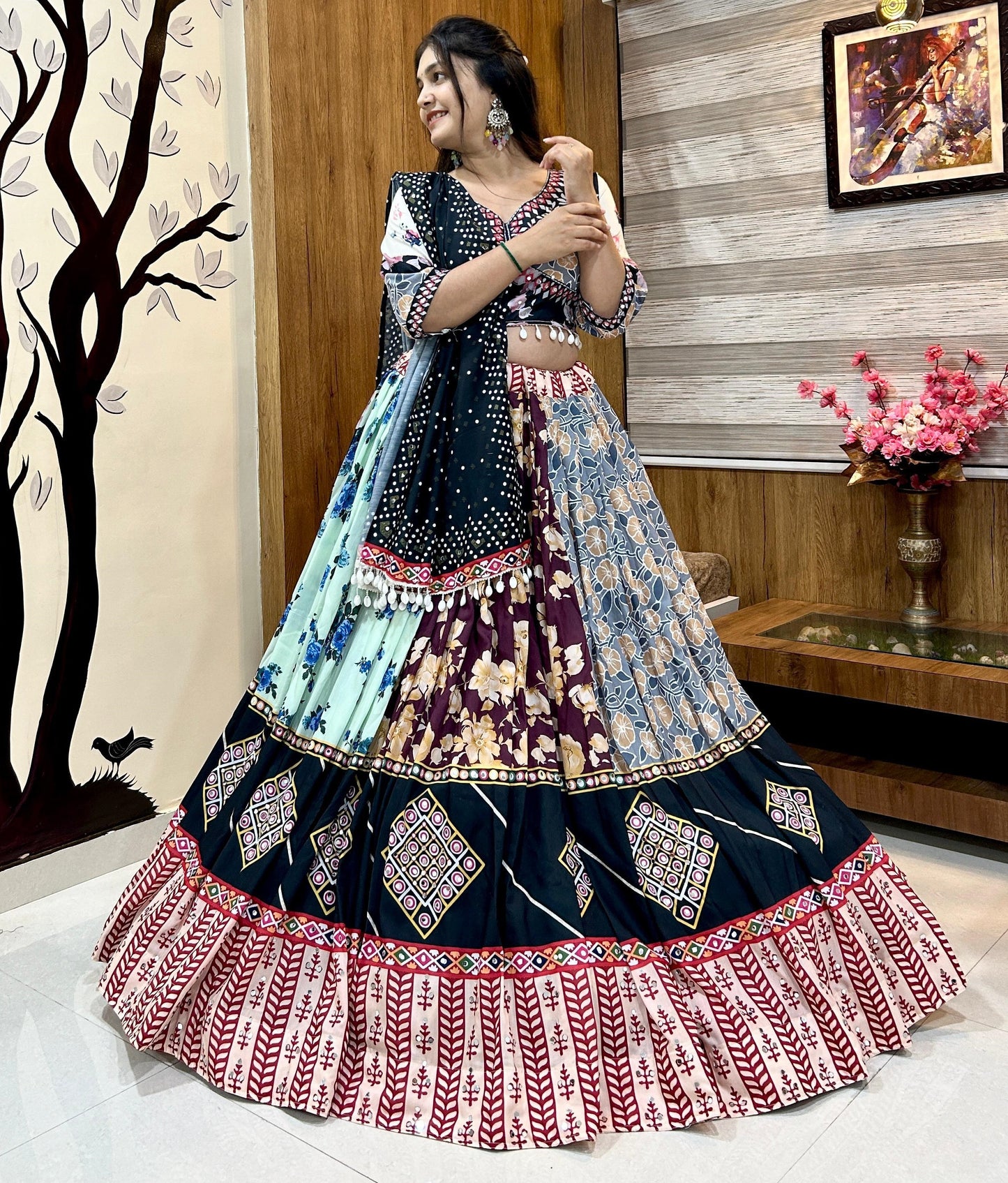 Multicolor cotton print mirror work navratri lehenga chaniya choli