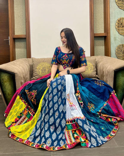 Multicolor cotton print mirror work navratri lehenga chaniya choli