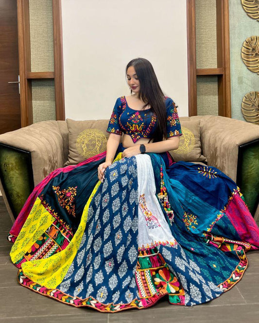 Multicolor cotton print mirror work navratri lehenga chaniya choli