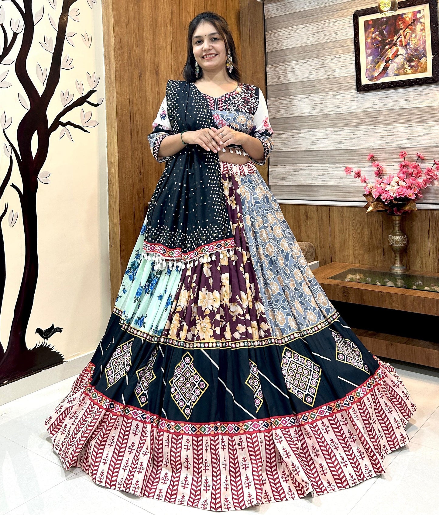 Multicolor cotton print mirror work navratri lehenga chaniya choli