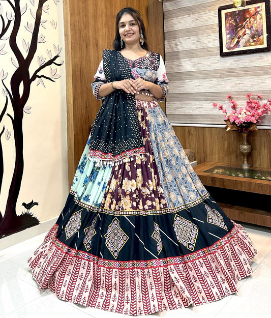 Multicolor cotton print mirror work navratri lehenga chaniya choli