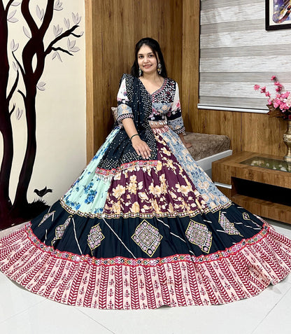 Multicolor cotton print mirror work navratri lehenga chaniya choli