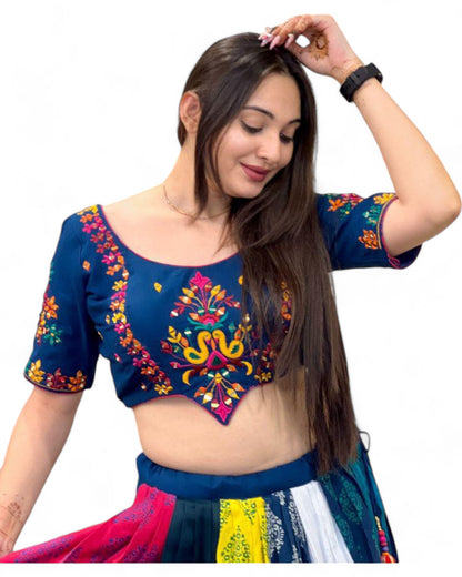 Multicolor cotton print mirror work navratri lehenga chaniya choli