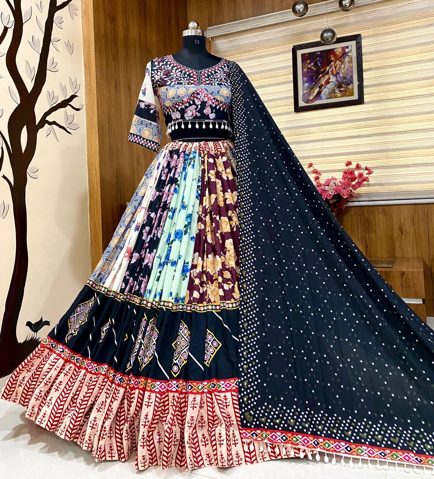 Multicolor cotton print mirror work navratri lehenga chaniya choli