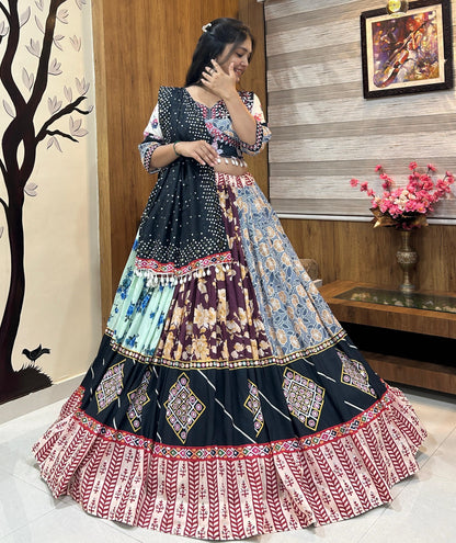 Multicolor cotton print mirror work navratri lehenga chaniya choli
