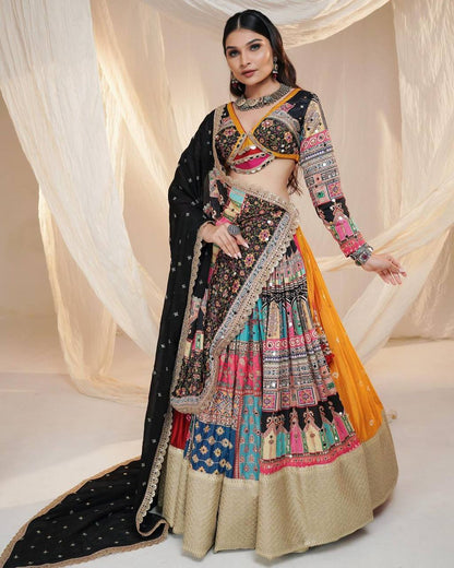Multicolor cotton printed mirror garba navratri lehenga chaniya choli