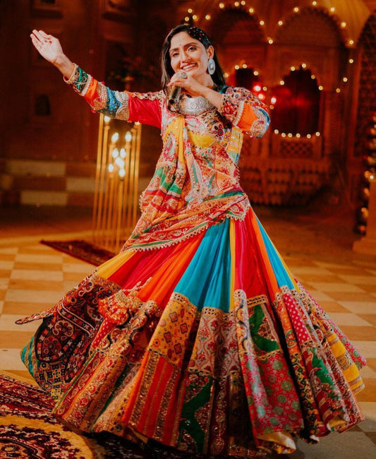 Multicolor mirror work navratri garba lehenga chaniya choli