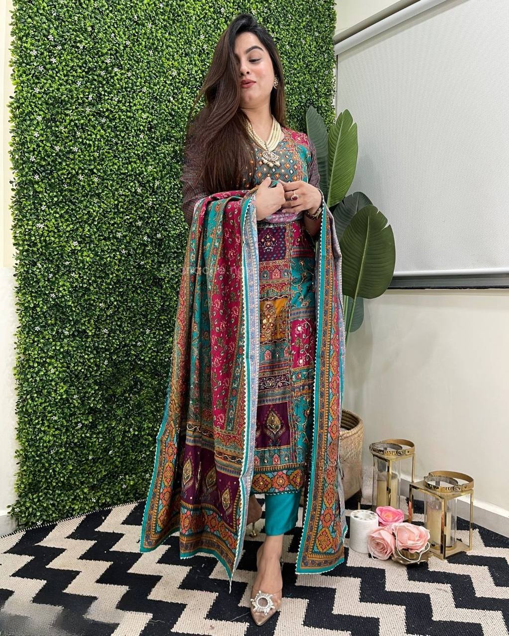 Multicolor printed stylish mirror work salwar suit