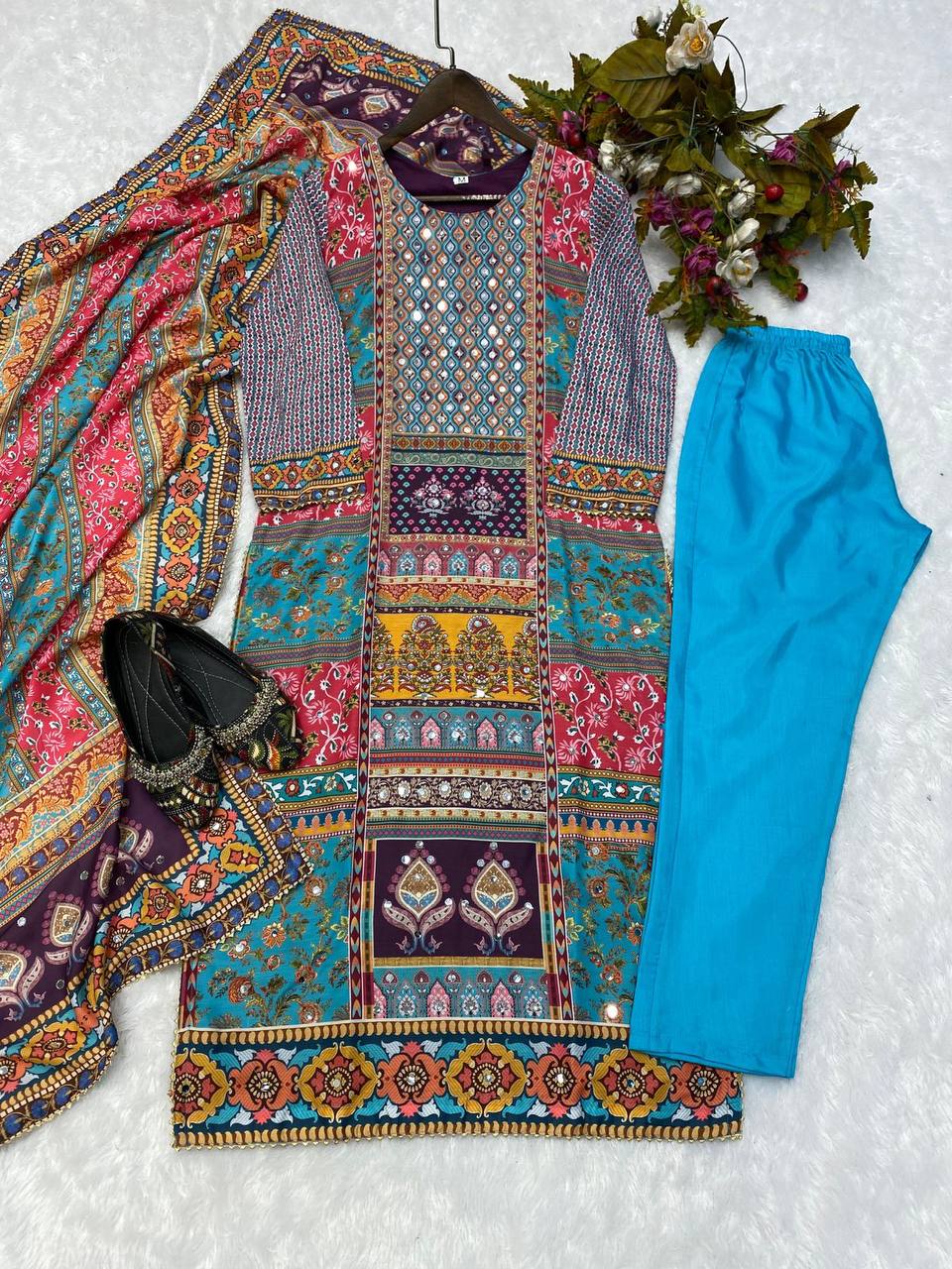 Multicolor printed stylish mirror work salwar suit
