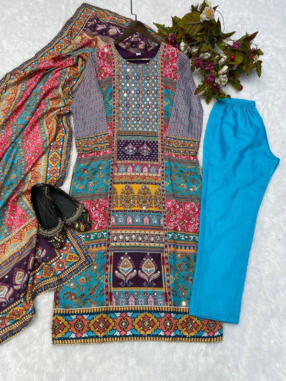 Multicolor printed stylish mirror work salwar suit