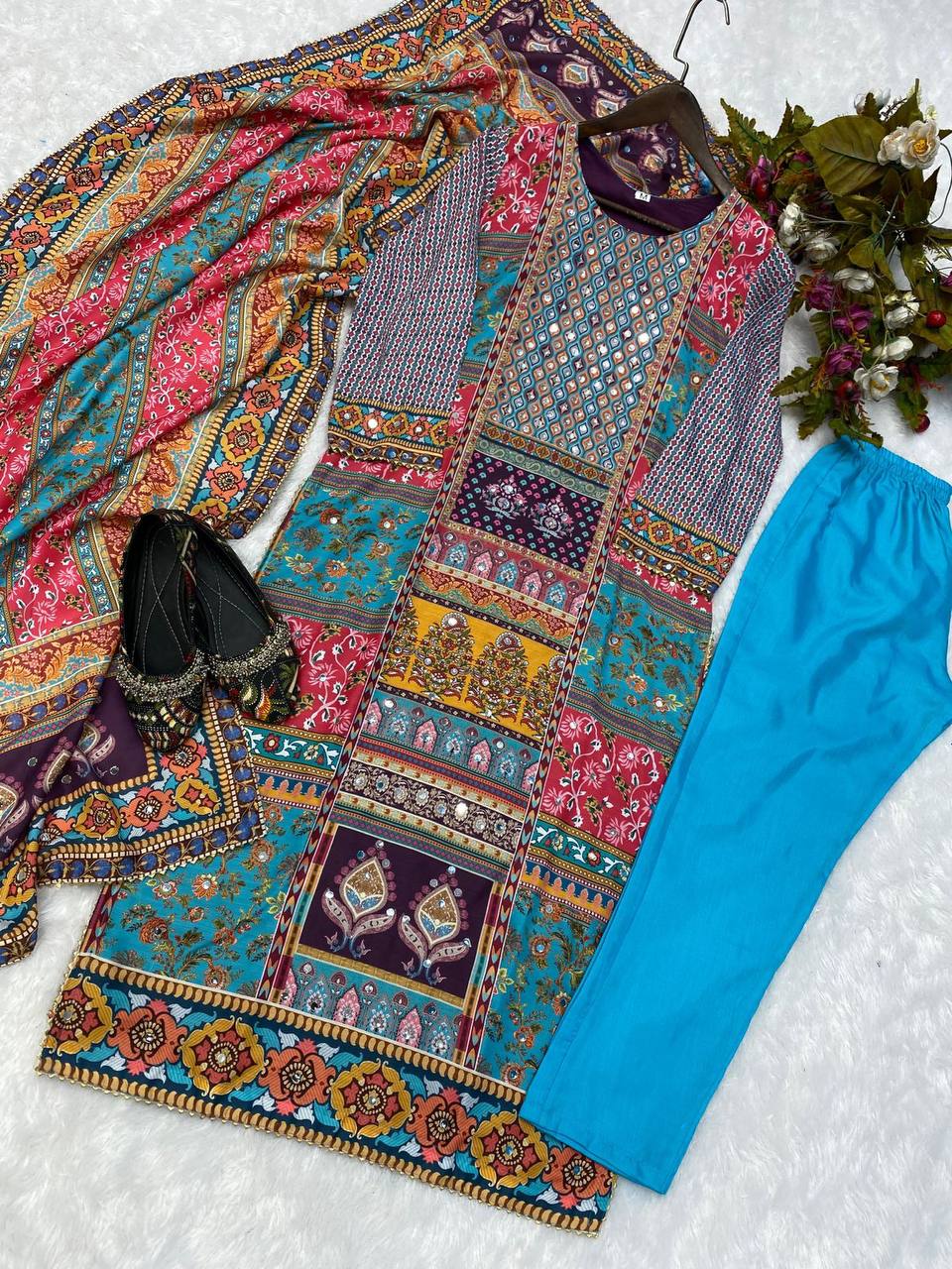 Multicolor printed stylish mirror work salwar suit
