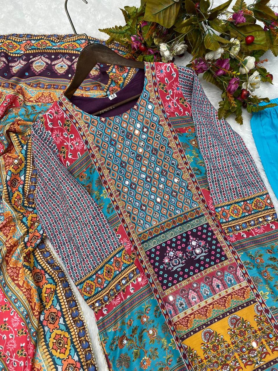 Multicolor printed stylish mirror work salwar suit