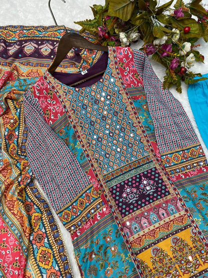 Multicolor printed stylish mirror work salwar suit