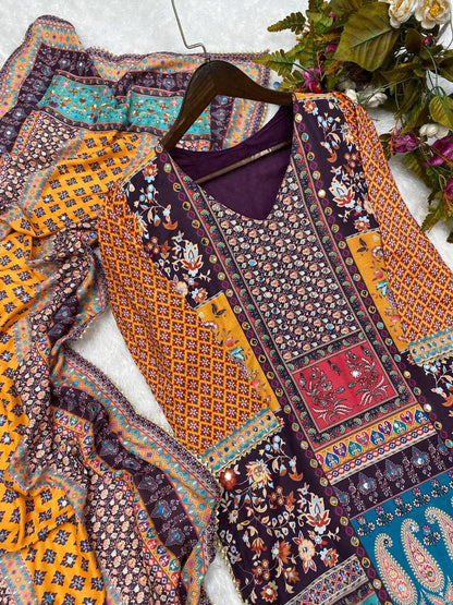 Multicolor printed stylish mirror work salwar suit