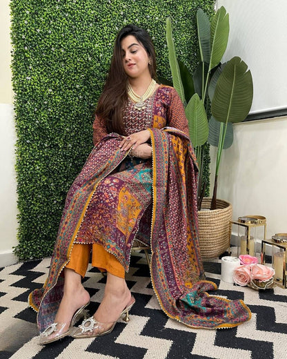 Multicolor printed stylish mirror work salwar suit