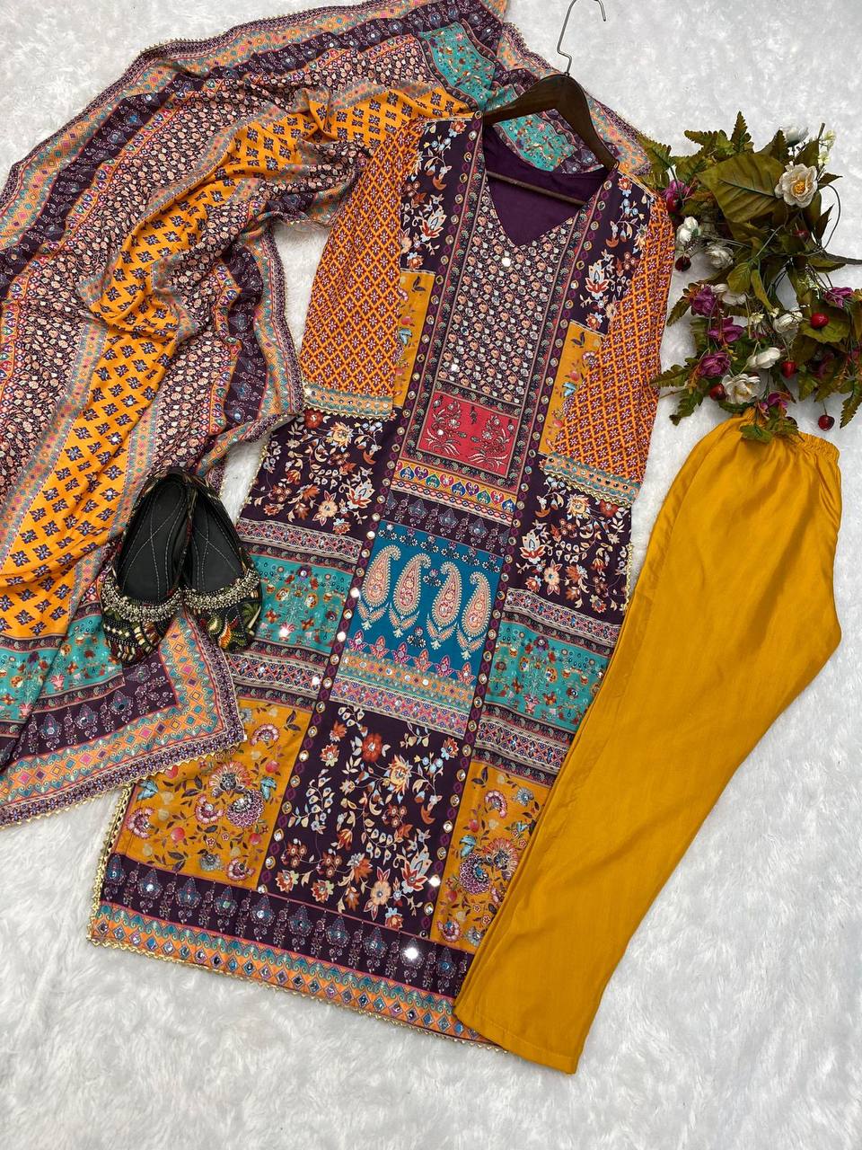 Multicolor printed stylish mirror work salwar suit