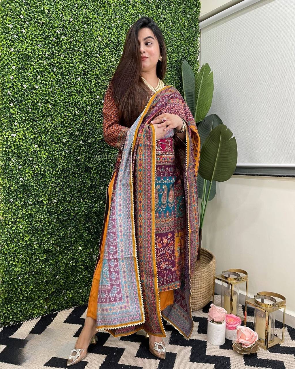 Multicolor printed stylish mirror work salwar suit