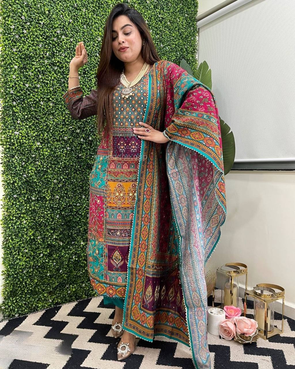 Multicolor printed stylish mirror work salwar suit