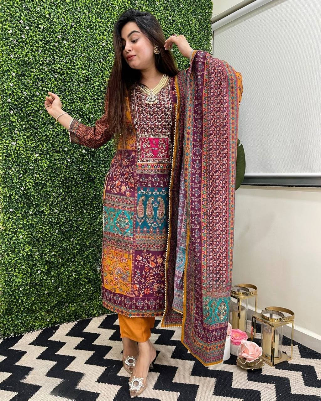 Multicolor printed stylish mirror work salwar suit