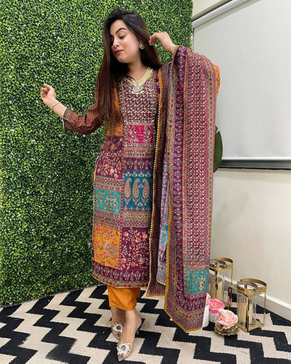 Multicolor printed stylish mirror work salwar suit