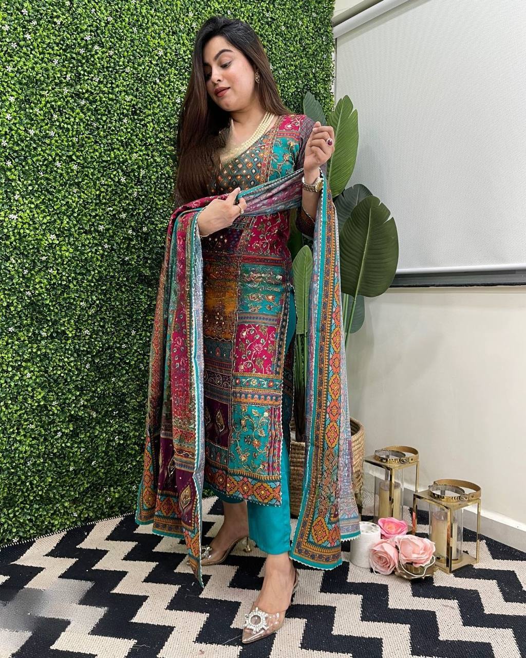 Multicolor printed stylish mirror work salwar suit