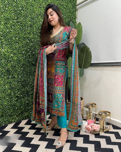 Multicolor printed stylish mirror work salwar suit