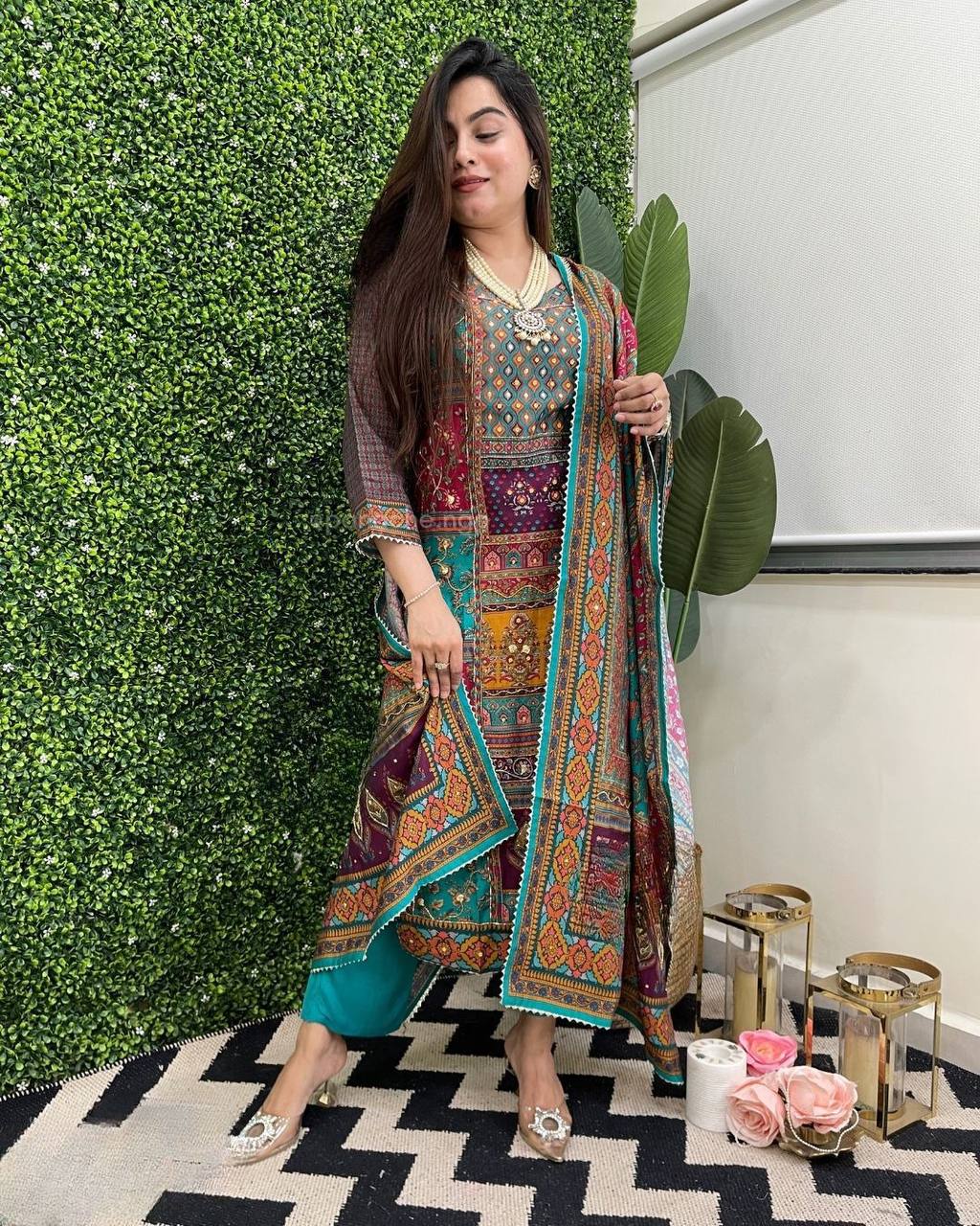 Multicolor printed stylish mirror work salwar suit Rama