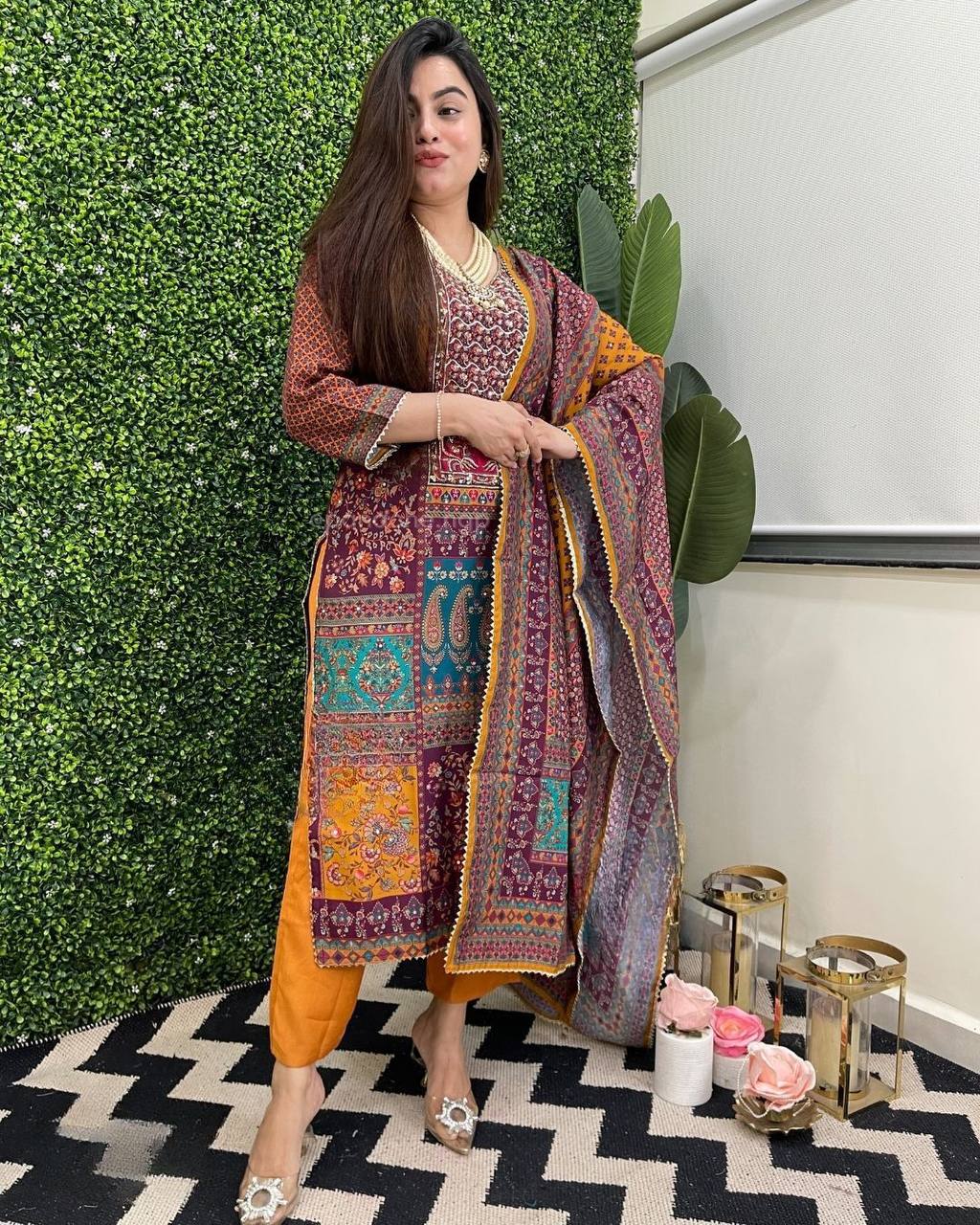 Multicolor printed stylish mirror work salwar suit Yellow